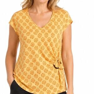 Liz Claiborne Stretch Knit Top size Large Orange Floral Cap Sleeve Hoop Accent